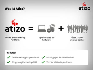 Was ist Atizo?




Online Brainstorming               Erprobte Web 2.0                  Über 15'000
     Plattform                         Software                    kreative Denker




 Ihr Nutzen

      Customer Insights generieren        Mittel gegen Betriebsblindheit

      Steigerung Kundenloyalität          Von Social Media profitieren
 