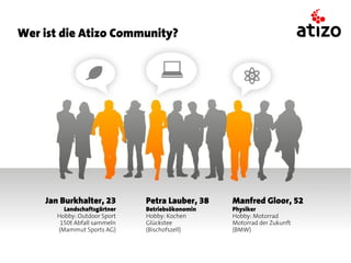 Wer ist die Atizo Community?




    Jan Burkhalter, 23       Petra Lauber, 38   Manfred Gloor, 52
        Landschaftsgärtner   Betriebsökonomin   Physiker
      Hobby: Outdoor Sport   Hobby: Kochen      Hobby: Motorrad
       150t Abfall sammeln   Glückstee          Motorrad der Zukunft
      (Mammut Sports AG)     (Bischofszell)     (BMW)
 