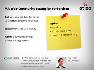 Mit Web-Community Strategien vorbereiten

Ziel: Verpackungsideen für neues
Geschäftsfeld Pharma entdecken
                                                         Ergebnis
                                                         ● 417 Ideen
Community: Atizo Community
                                                         ● 20prämierte Ideen
                                                         ● Umsetzung mit H
                                                                           elbling
Modul: 2, sowie Begleitung
durch Beratungspartner




               «Die Atizo Community hat uns auf der                      Axel Förster
               Suche nach neuen Geschäftsfeldern sehr                    CEO, Rychiger AG
               inspiriert. Wir möchten auch in Zukunft
               mit Atizo zusammen arbeiten.»
 