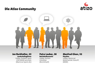 Die Atizo Community




    Jan Burkhalter, 23       Petra Lauber, 38   Manfred Gloor, 52
        Landschaftsgärtner   Betriebsökonomin   Physiker
      Hobby: Outdoor Sport   Hobby: Kochen      Hobby: Motorrad
       150t Abfall sammeln   Glückstee          Motorrad der Zukunft
      (Mammut Sports AG)     (Bischofszell)     (BMW)
 