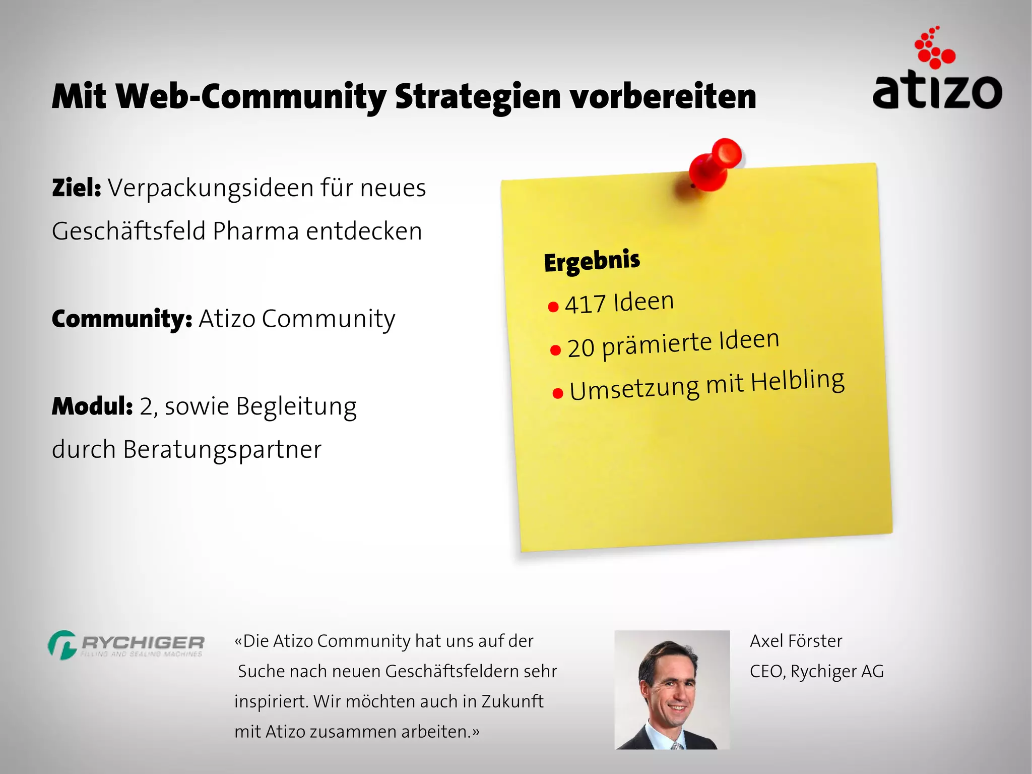 Mit Web-Community Strategien vorbereiten

Ziel: Verpackungsideen für neues
Geschäftsfeld Pharma entdecken
                                                         Ergebnis
                                                         ● 417 Ideen
Community: Atizo Community
                                                         ● 20prämierte Ideen
                                                         ● Umsetzung mit H
                                                                           elbling
Modul: 2, sowie Begleitung
durch Beratungspartner




               «Die Atizo Community hat uns auf der                      Axel Förster
               Suche nach neuen Geschäftsfeldern sehr                    CEO, Rychiger AG
               inspiriert. Wir möchten auch in Zukunft
               mit Atizo zusammen arbeiten.»
 