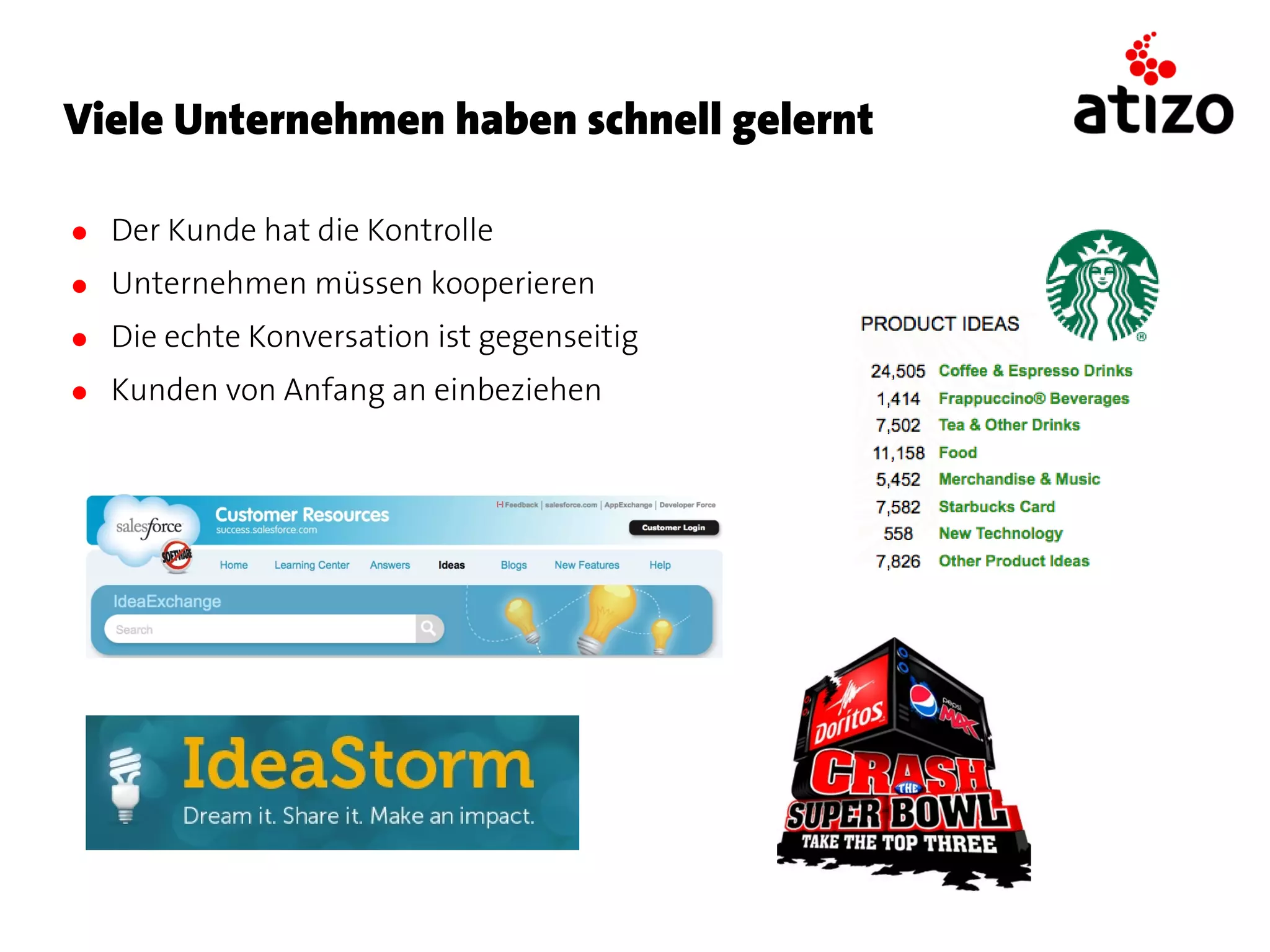 Viele Unternehmen haben schnell gelernt

● Der Kunde hat die Kontrolle
● Unternehmen müssen kooperieren
● Die echte Konversation ist gegenseitig
● Kunden von Anfang an einbeziehen
 