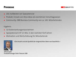 Prozesse

● Ziel: Aufdecken von Sparpotenzial
● Produkt: Einsatz von Atizo Ideas als eventdriven Vorschlagswesen
● Community: SBB Business Community von ca. 100 Mitarbeitenden


Ergebnis:
● 32 Kostensenkungsmassnahmen
● Sparpotenzial CHF 1.5 Mio. in den nächsten fünf Jahren
● Motivation und Wertschätzung für Mitarbeitende

             «Die Anzahl und die Qualität der eingereichten Ideen war beachtlich.»




Alfred Späti
Produktmanager Data Telecom SBB
 