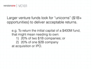 Larger venture funds look for “unicorns” ($1B+
opportunities) to deliver acceptable returns.
e.g. To return the initial ca...