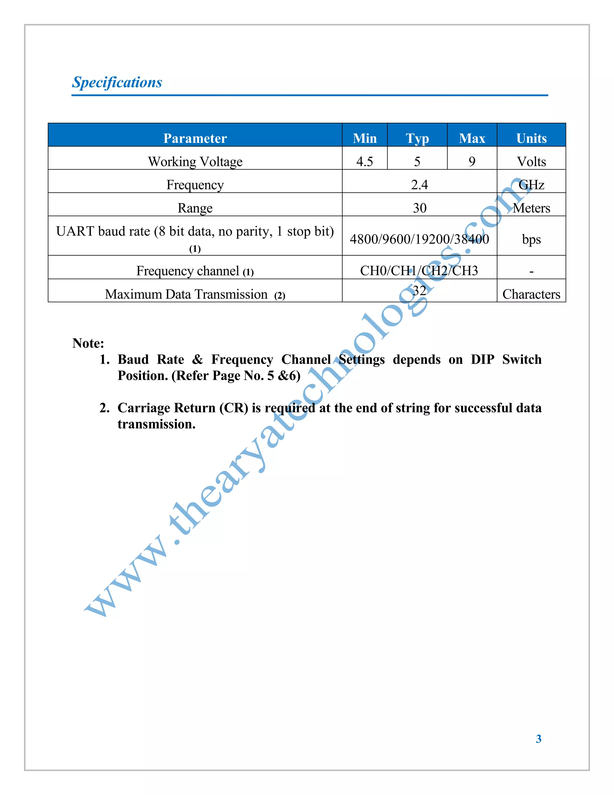 3 
Specifications 
Parameter Min Typ Max Units 
Working Voltage 
4.5 
5 
9 
Volts 
Frequency 
2.4 
GHz 
Range 
30 
Meters 
UART baud rate (8 bit data, no parity, 1 stop bit) (1) 
4800/9600/19200/38400 
bps 
Frequency channel (1) 
CH0/CH1/CH2/CH3 
- 
Maximum Data Transmission (2) 
32 
Characters 
Note: 
1. Baud Rate & Frequency Channel Settings depends on DIP Switch Position. (Refer Page No. 5 &6) 
2. Carriage Return (CR) is required at the end of string for successful data transmission.  