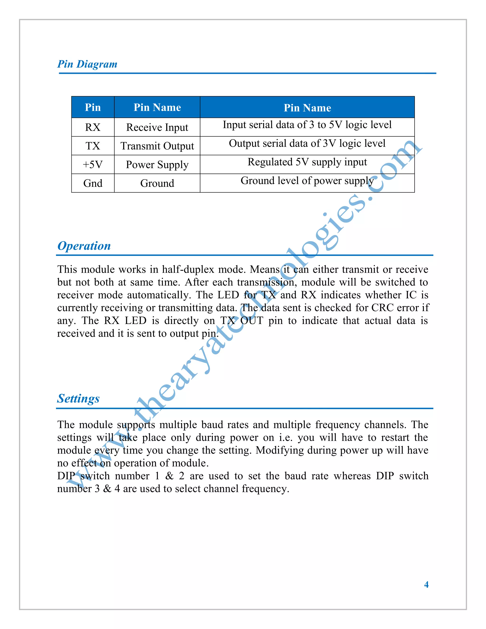 4 
Pin Diagram 
Pin Pin Name Pin Name 
RX 
Receive Input 
Input serial data of 3 to 5V logic level 
TX 
Transmit Output 
Output serial data of 3V logic level 
+5V 
Power Supply 
Regulated 5V supply input 
Gnd 
Ground 
Ground level of power supply 
Operation 
This module works in half-duplex mode. Means it can either transmit or receive but not both at same time. After each transmission, module will be switched to receiver mode automatically. The LED for TX and RX indicates whether IC is currently receiving or transmitting data. The data sent is checked for CRC error if any. The RX LED is directly on TX OUT pin to indicate that actual data is received and it is sent to output pin. 
Settings 
The module supports multiple baud rates and multiple frequency channels. The settings will take place only during power on i.e. you will have to restart the module every time you change the setting. Modifying during power up will have no effect on operation of module. 
DIP switch number 1 & 2 are used to set the baud rate whereas DIP switch number 3 & 4 are used to select channel frequency. 
 