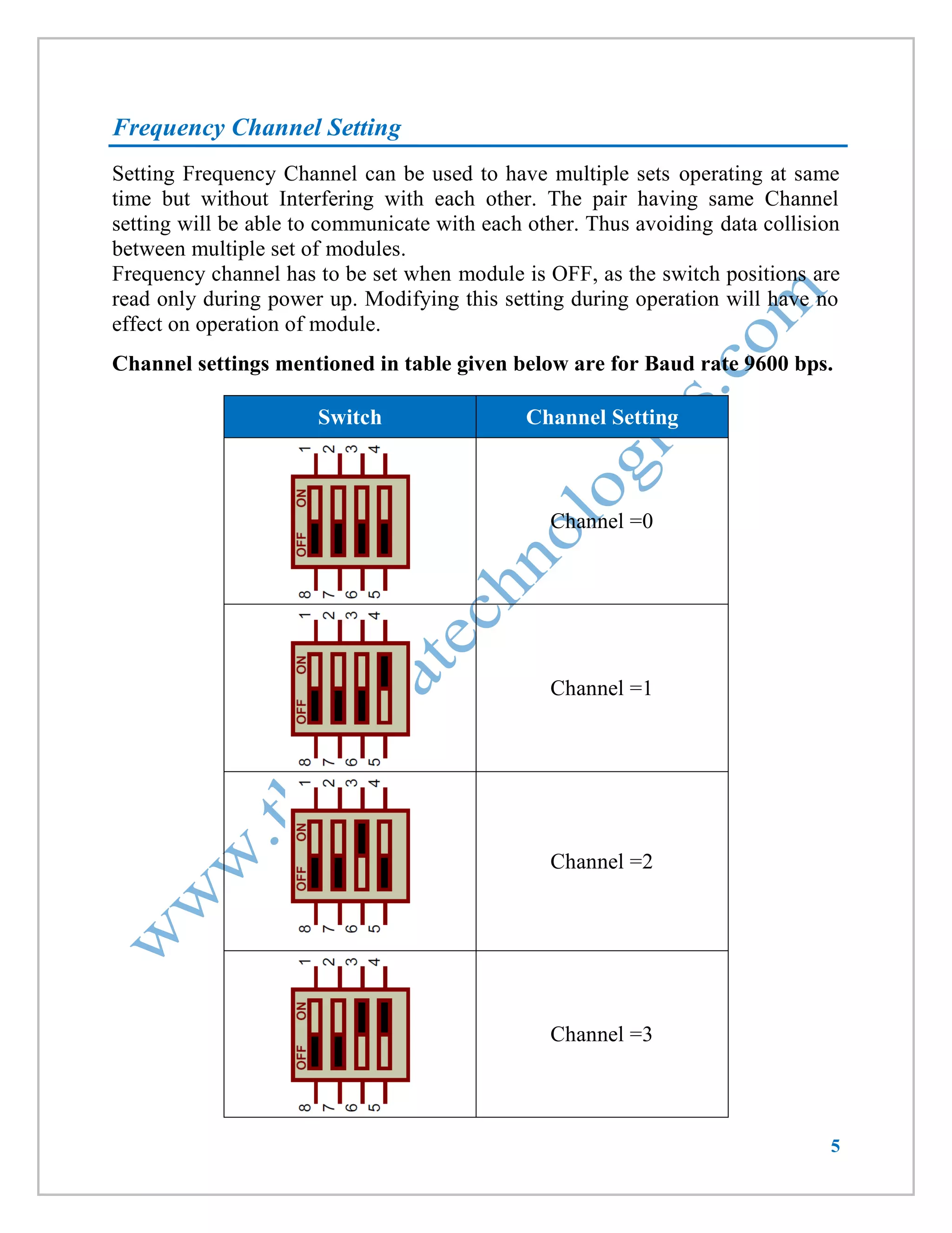 5 
Frequency Channel Setting 
Setting Frequency Channel can be used to have multiple sets operating at same time but without Interfering with each other. The pair having same Channel setting will be able to communicate with each other. Thus avoiding data collision between multiple set of modules. 
Frequency channel has to be set when module is OFF, as the switch positions are read only during power up. Modifying this setting during operation will have no effect on operation of module. 
Channel settings mentioned in table given below are for Baud rate 9600 bps. 
Switch Channel Setting 
Channel =0 
Channel =1 
Channel =2 
Channel =3  