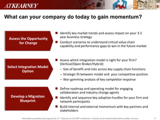 15Information presented was prepared by A.T. Kearney for the NRF conference; it should not be disseminated without written consent
What can your company do today to gain momentum?
Assess the Opportunity
for Change
Select Integration Model
Option
Develop a Migration
Blueprint
 Identify key market trends and assess impact on your 3-5
year business strategy
 Conduct scenarios to understand critical value chain
capability and performance gaps to win in the future market
 Assess which integration model is right for your firm?
(Vertical/Open Broker/Hybrid)
‒ Size of benefit and risks across key supply chain functions
‒ Strategic fit between model and your competitive position
‒ War-gamming analysis of key competitor response
 Define roadmap and operating model for engaging
collaborators and industry change agents
 Identify and sequence key adoption hurdles for your firm and
network participants
 Build internal and external momentum with key partners and
stakeholders
 