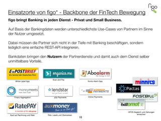 Einsatzorte von ﬁgo* - Backbone der FinTech Bewegung
10
ﬁgo bringt Banking in jeden Dienst - Privat und Small Business.
!
Auf Basis der Bankingdaten werden unterschiedlichste Use-Cases von Partnern im Sinne
der Nutzer umgesetzt.
!
Dabei müssen die Partner sich nicht in der Tiefe mit Banking beschäftigen, sondern
lediglich eine einfache REST-API integrieren.
!
Bankdaten bringen den Nutzern der Partnerdienste und damit auch dem Dienst selber
unmittelbare Vorteile.
!
White-Label App
Scan and Pay
Konto-Alarm App
OPOS Abgleich und Zahlungen
einreichen
Finanz Aggregation p2p Payments Online Payments
Risk, Leads und Überweisen
 