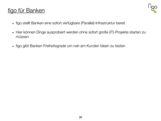 ﬁgo für Banken
!
- ﬁgo stellt Banken eine sofort verfügbare (Parallel)-Infrastruktur bereit
!
- Hier können Dinge ausprobiert werden ohne sofort große (IT)-Projekte starten zu
müssen
!
- ﬁgo gibt Banken Freiheitsgrade um nah am Kunden Ideen zu testen
!
!
20
 