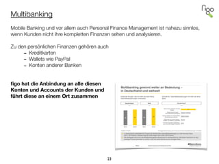 Multibanking
!
Mobile Banking und vor allem auch Personal Finance Management ist nahezu sinnlos,
wenn Kunden nicht ihre kompletten Finanzen sehen und analysieren.
!
Zu den persönlichen Finanzen gehören auch
- Kreditkarten
- Wallets wie PayPal
- Konten anderer Banken
!
!
ﬁgo hat die Anbindung an alle diesen  
Konten und Accounts der Kunden und  
führt diese an einem Ort zusammen
23
 