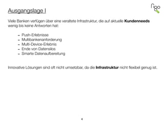 Ausgangslage I
!
Viele Banken verfügen über eine veraltete Infrastruktur, die auf aktuelle Kundenneeds
wenig bis keine Antworten hat:
!
- Push-Erlebnisse
- Multibankenanforderung
- Multi-Device-Erlebnis
- Ende von Datensilos
- Smarte Datenaufbereitung
!
!
Innovative Lösungen sind oft nicht umsetzbar, da die Infrastruktur nicht ﬂexibel genug ist.
4
 