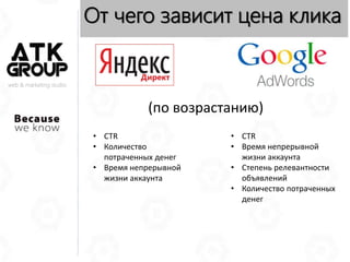 web & marketing studio
От чего зависит цена клика
• CTR
• Количество
потраченных денег
• Время непрерывной
жизни аккаунта
• CTR
• Время непрерывной
жизни аккаунта
• Степень релевантности
объявлений
• Количество потраченных
денег
(по возрастанию)
 