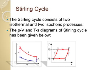 Stirling Cycle
 The Stirling cycle consists of two
isothermal and two isochoric processes.
 The p-V and T-s diagrams of Stirling cycle
has been given below:
 