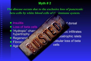 Insulitis Loss of beta cells ‘ Hydropic” change, hypertrophy Regeneration Fibrosis Age, BMI, etc. Myth # 2 The disease occurs due to the exclusive loss of pancreatic beta cells by white blood cells of the immune system. Atrophy of dorsal pancreas Pancreatic infiltrates Psedoatrophic islets Lobular loss of beta cells 