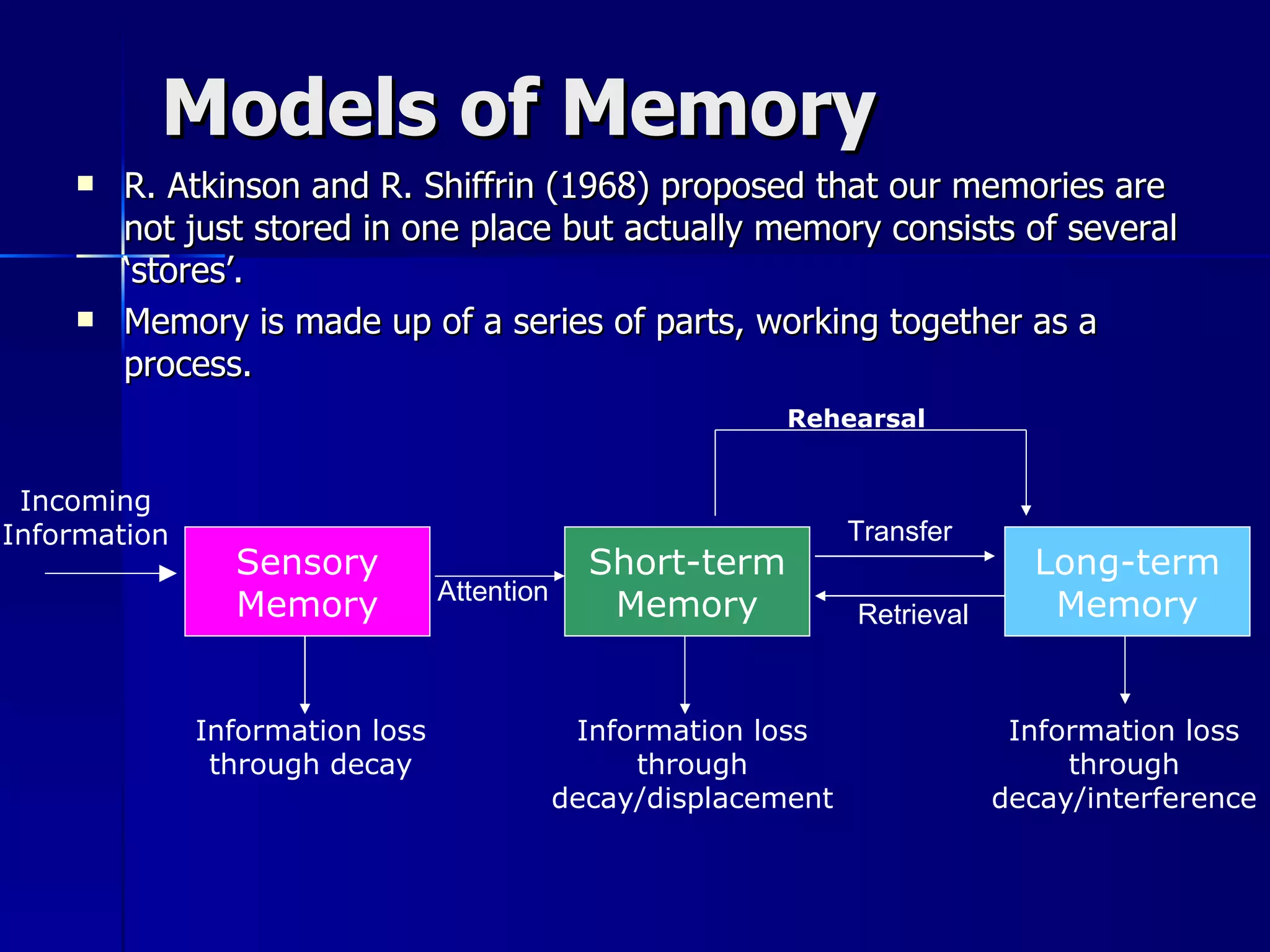 Models of Memory R. Atkinson and R. Shiffrin (1968) proposed that our memories are not just stored in one place but actually memory consists of several ‘stores’. Memory is made up of a series of parts, working together as a process. Sensory Memory Long-term Memory Short-term Memory Information loss through decay Information loss through decay/displacement Information loss through decay/interference Rehearsal Incoming Information Attention Retrieval Transfer 