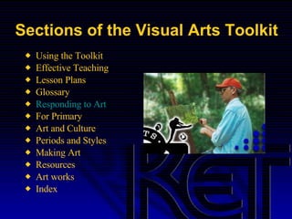 Sections of the Visual Arts Toolkit Using the Toolkit Effective Teaching Lesson Plans Glossary Responding to Art For Primary Art and Culture Periods and Styles Making Art Resources Art works  Index  