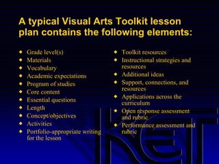 A typical Visual Arts Toolkit lesson plan contains the following elements: Grade level(s) Materials Vocabulary Academic expectations Program of studies Core content Essential questions Length Concept/objectives Activities Portfolio-appropriate writing for the lesson Toolkit resources Instructional strategies and resources Additional ideas Support, connections, and resources Applications across the curriculum Open response assessment and rubric Performance assessment and rubric 