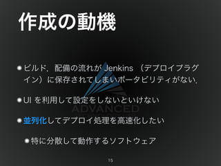 作成の動機 
ビルド，配備の流れが Jenkins （デプロイプラグ 
イン）に保存されてしまいポータビリティがない． 
UI を利用して設定をしないといけない 
並列化してデプロイ処理を高速化したい 
特に分散して動作するソフトウェア 
15 
 