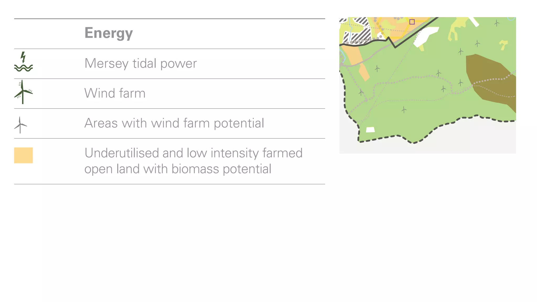 Energy                                                      Food

       Mersey tidal power                                          Existing productive a

       Wind farm                                                   New forest farms

       Areas with wind farm potential

       Underutilised and low intensity farmed
       open land with biomass potential



Food                                            Environment

Existing productive agricultural land           Waste management

New forest farms                                Urban greening
 
