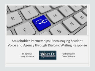 Stakeholder Partnerships: Encouraging Student
Voice and Agency through Dialogic Writing Response
Jill Dahlman
Owen Williams
Jill Dahlman
Stacy Wittstock
Tialitha Macklin
Owen Williams
 