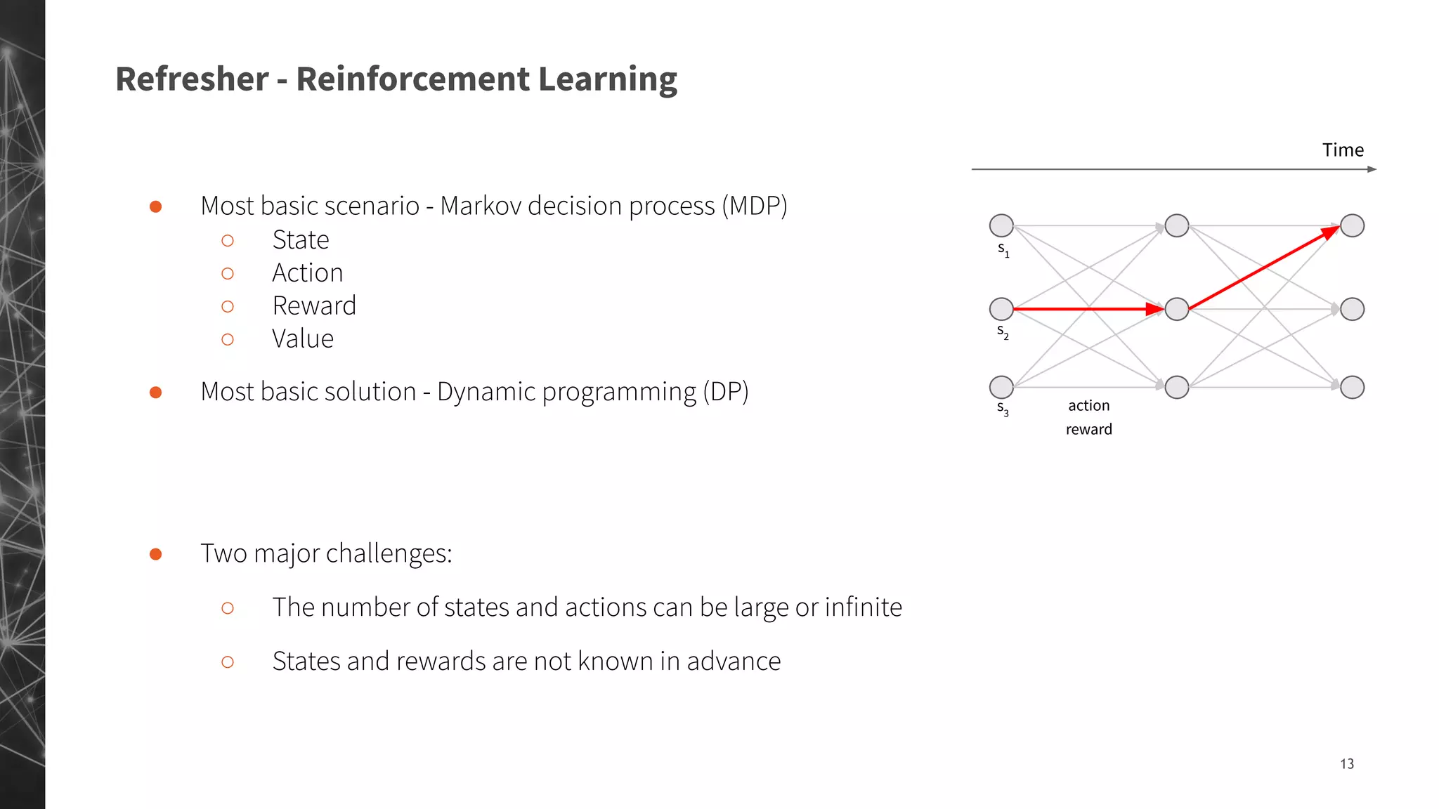 Refresher - Reinforcement Learning
13
● Most basic scenario - Markov decision process (MDP)
○ State
○ Action
○ Reward
○ Value
● Most basic solution - Dynamic programming (DP)
● Two major challenges:
○ The number of states and actions can be large or infinite
○ States and rewards are not known in advance
action
s1
s2
s3
reward
Time
 