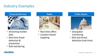 20© Cloudera, Inc. All rights reserved.
Industry Examples
• Streaming market
data
• Real-time fraud
detection &
prevention
• Risk monitoring
• Real-time offers
• Location-based
targeting
• Geospatial
monitoring
• Risk and threat
detection (real time)
Financial Services Retail Public Sector
 