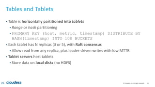 26© Cloudera, Inc. All rights reserved.
Tables and Tablets
• Table is horizontally partitioned into tablets
• Range or hash partitioning
• PRIMARY KEY (host, metric, timestamp) DISTRIBUTE BY
HASH(timestamp) INTO 100 BUCKETS
• Each tablet has N replicas (3 or 5), with Raft consensus
• Allow read from any replica, plus leader-driven writes with low MTTR
• Tablet servers host tablets
• Store data on local disks (no HDFS)
26
 