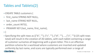 27© Cloudera, Inc. All rights reserved.
Tables and Tablets(2)
• CREATE TABLE customers (
• first_name STRING NOT NULL,
• last_name STRING NOT NULL,
• order_count INT32,
• PRIMARY KEY (last_name, first_name),
• )
• Specifying the split rows as (("b", ""), ("c", ""), ("d", ""), .., ("z", "")) (25 split rows
total) will result in the creation of 26 tablets, with each tablet containing a range
of customer surnames all beginning with a given letter. This is an effective
partition schema for a workload where customers are inserted and updated
uniformly by last name, and scans are typically performed over a range of
surnames.
 
