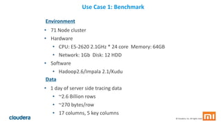 46© Cloudera, Inc. All rights reserved.
Use Case 1: Benchmark
Environment
• 71 Node cluster
• Hardware
• CPU: E5-2620 2.1G...