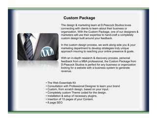 Custom Package
The design & marketing team at D.Peacock Studios loves
connecting with clients to learn about their busines...