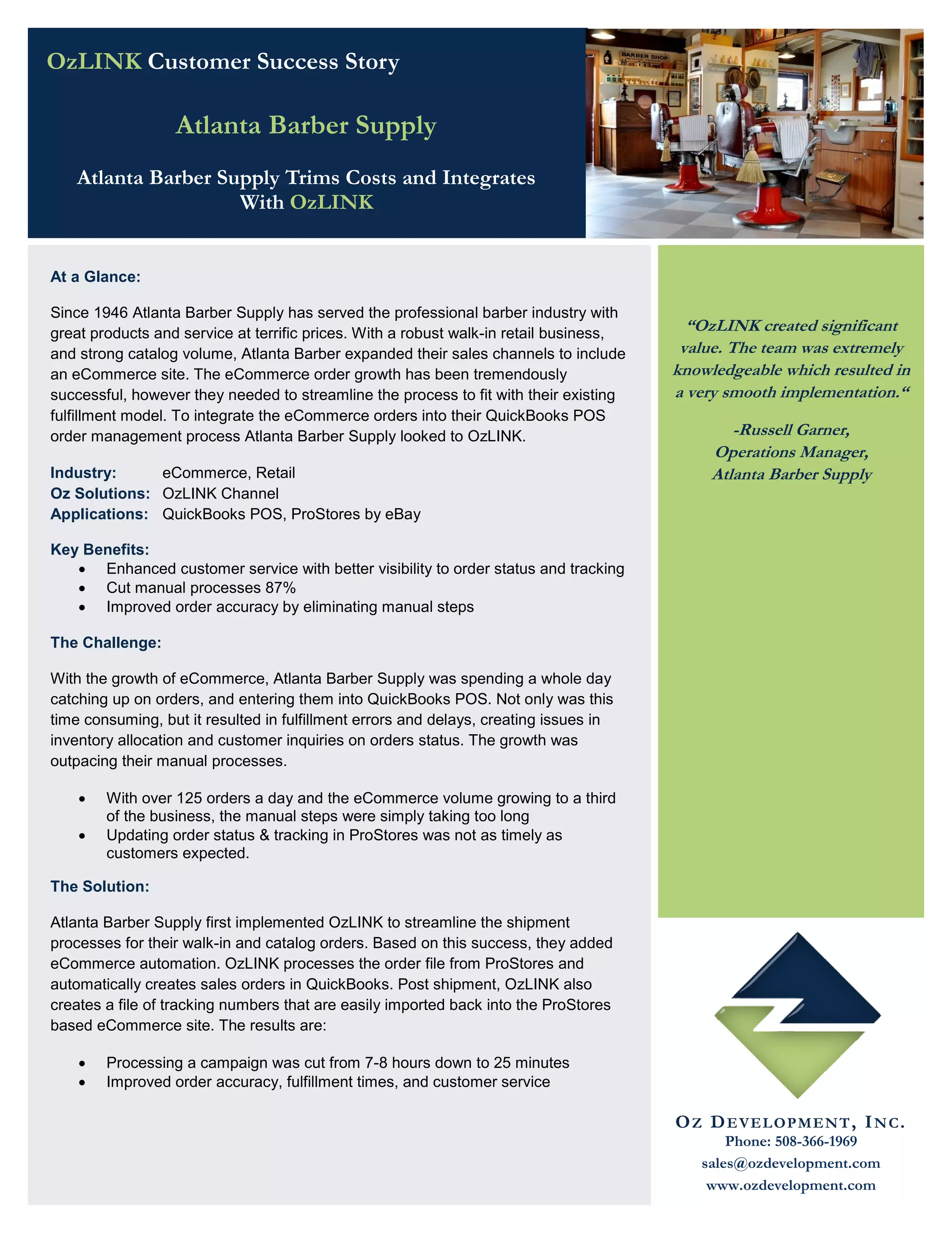 Atlanta Barber Supply Trims Costs and Integrates with OzLINK