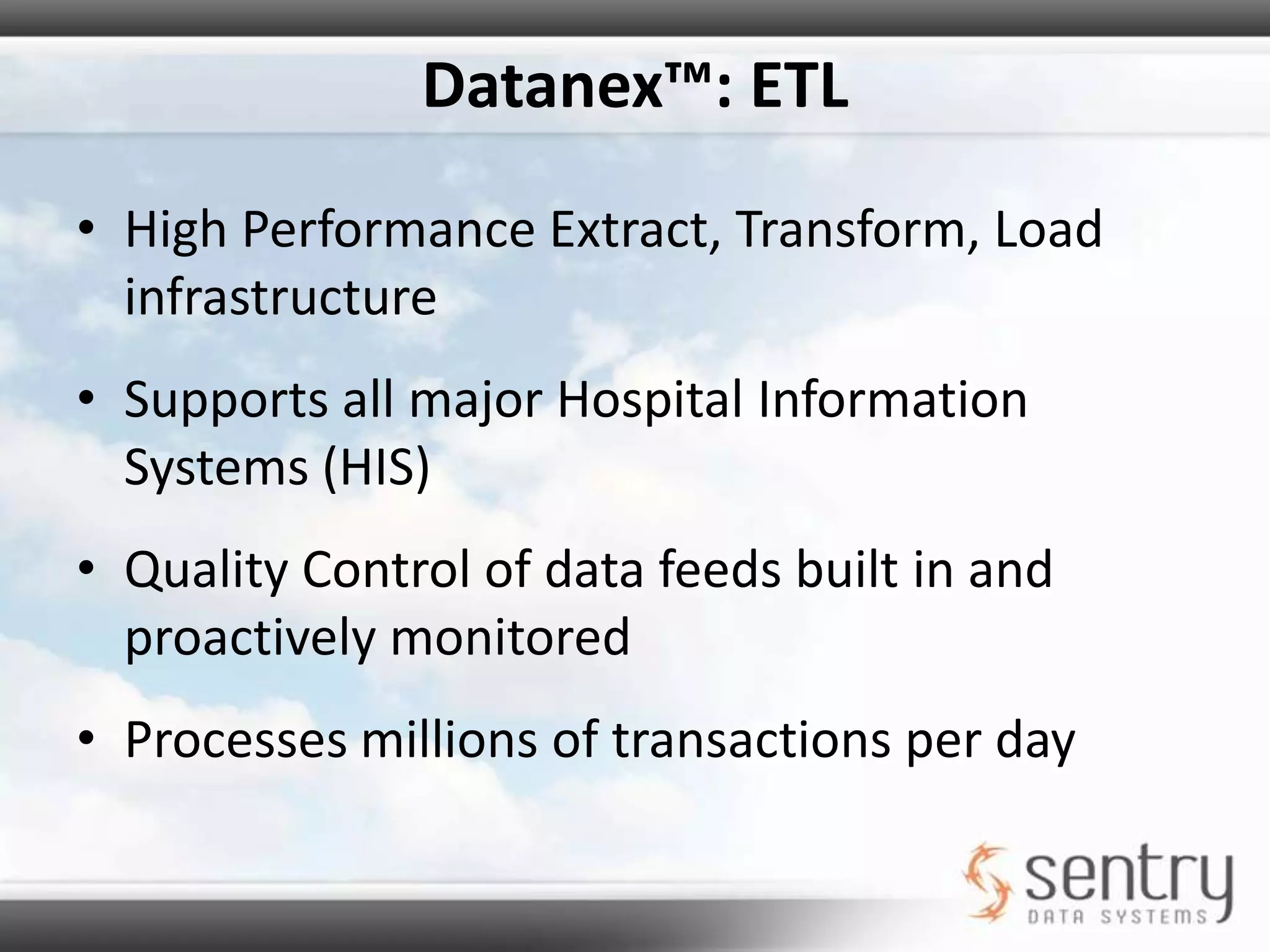 Datanex™: QDCDistributed non-relational database.Processes data as it arrives according to predefined queries, distributes the results across available nodes.Queries run in parallel across all available nodes, and provide astonishing performance not possible with relational databases.