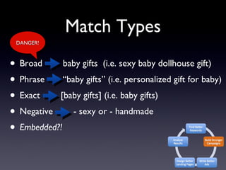 Match Types Broad  baby gifts  (i.e. sexy baby dollhouse gift) Phrase  “baby gifts” (i.e. personalized gift for baby) Exact  [baby gifts] (i.e. baby gifts) Negative  - sexy or - handmade Embedded?! DANGER! 