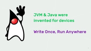 JVM & Java were
invented for devices
Write Once, Run Anywhere
19
 