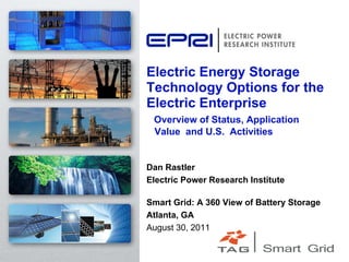 Electric Energy Storage
Technology Options for the
Electric Enterprise
 Overview of Status, Application
 Value and U.S. Activities


Dan Rastler
Electric Power Research Institute

Smart Grid: A 360 View of Battery Storage
Atlanta, GA
August 30, 2011
 