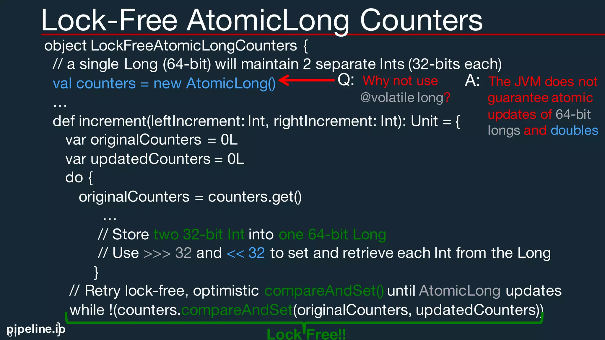 pipeline.io
Lock-Free AtomicLong Counters
object LockFreeAtomicLongCounters {
// a single Long (64-bit) will maintain 2 separate Ints (32-bits each)
val counters = new AtomicLong()
…
def increment(leftIncrement: Int, rightIncrement: Int): Unit = {
var originalCounters = 0L
var updatedCounters = 0L
do {
originalCounters = counters.get()
…
// Store two 32-bit Int into one 64-bit Long
// Use >>> 32 and << 32 to set and retrieve each Int from the Long
}
// Retry lock-free, optimistic compareAndSet() until AtomicLong updates
while !(counters.compareAndSet(originalCounters, updatedCounters))
}31 Lock Free!!
A: The JVM does not
guarantee atomic
updates of 64-bit
longs and doubles
Q: Why not use
@volatile long?
 