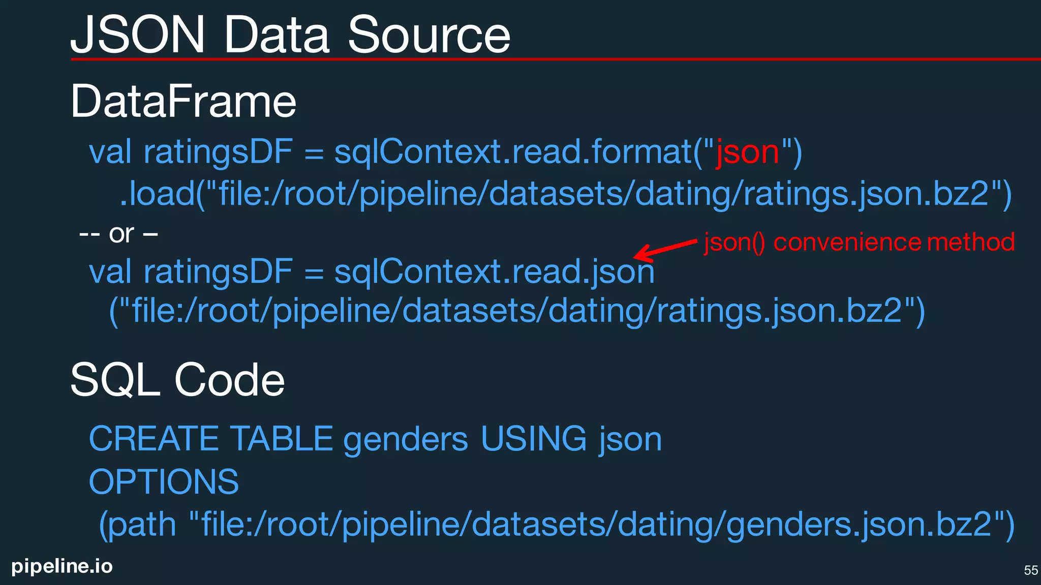 pipeline.io
JSON Data Source
DataFrame
val ratingsDF = sqlContext.read.format("json")
.load("file:/root/pipeline/datasets/dating/ratings.json.bz2")
-- or –
val ratingsDF = sqlContext.read.json
("file:/root/pipeline/datasets/dating/ratings.json.bz2")
SQL Code
CREATE TABLE genders USING json
OPTIONS
(path "file:/root/pipeline/datasets/dating/genders.json.bz2")
55
json() convenience method
 