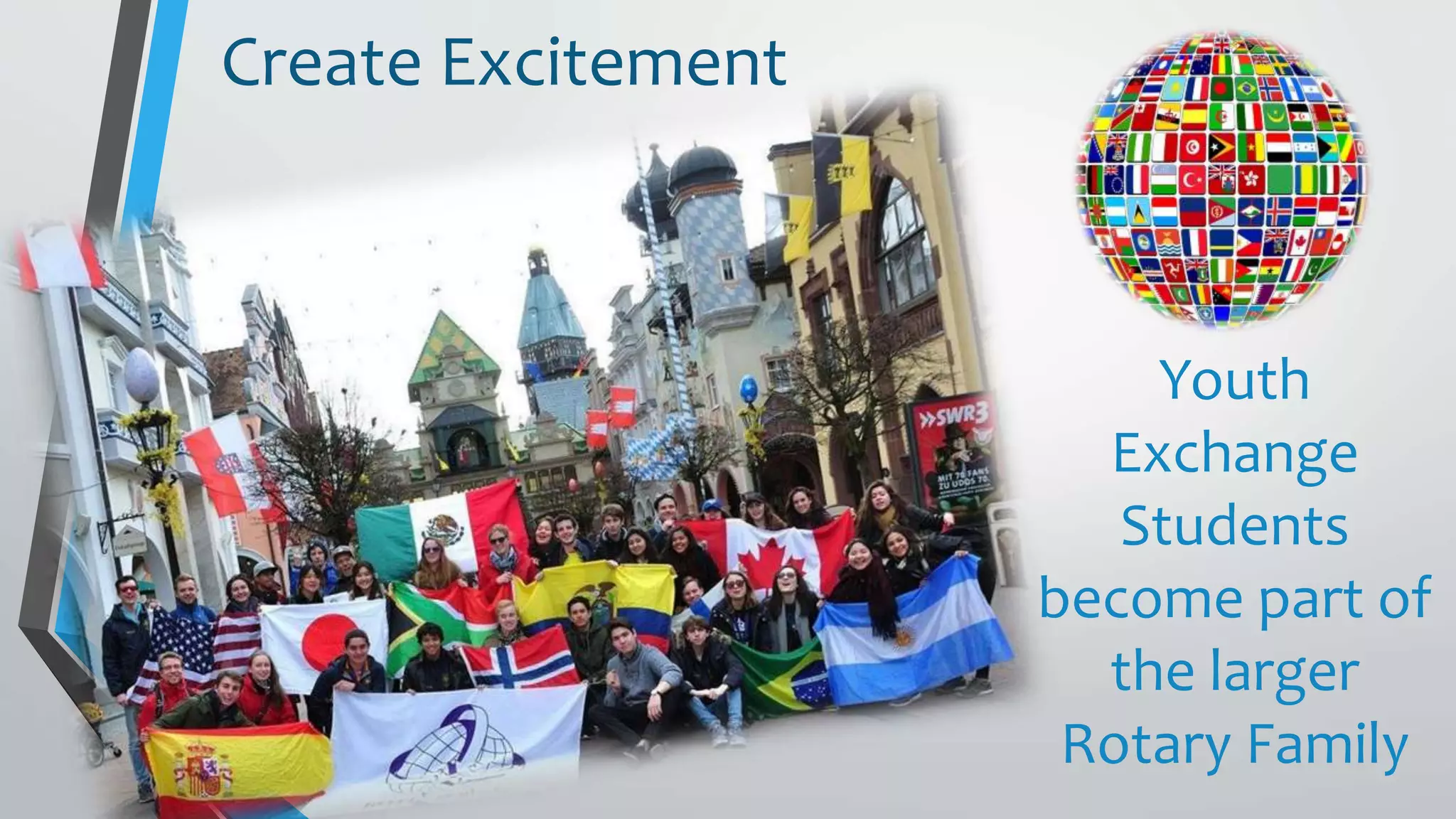 Create Excitement
Youth
Exchange
Students
become part of
the larger
Rotary Family
 