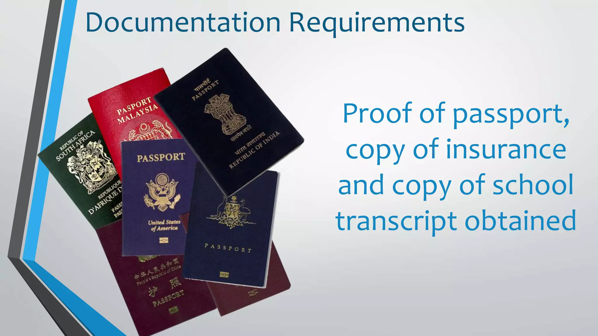 Proof of passport,
copy of insurance
and copy of school
transcript obtained
Documentation Requirements
 