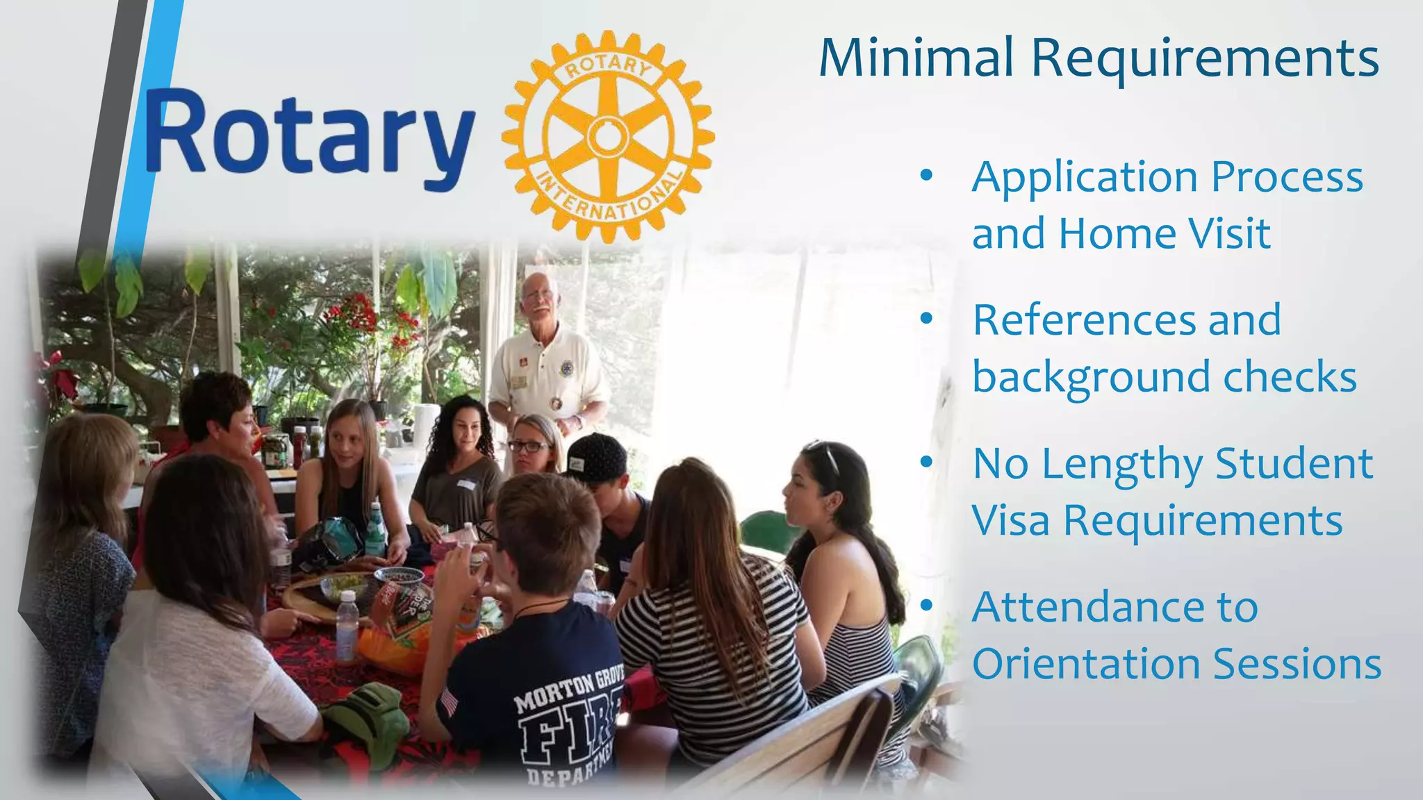 Minimal Requirements
• Application Process
and Home Visit
• References and
background checks
• No Lengthy Student
Visa Requirements
• Attendance to
Orientation Sessions
 