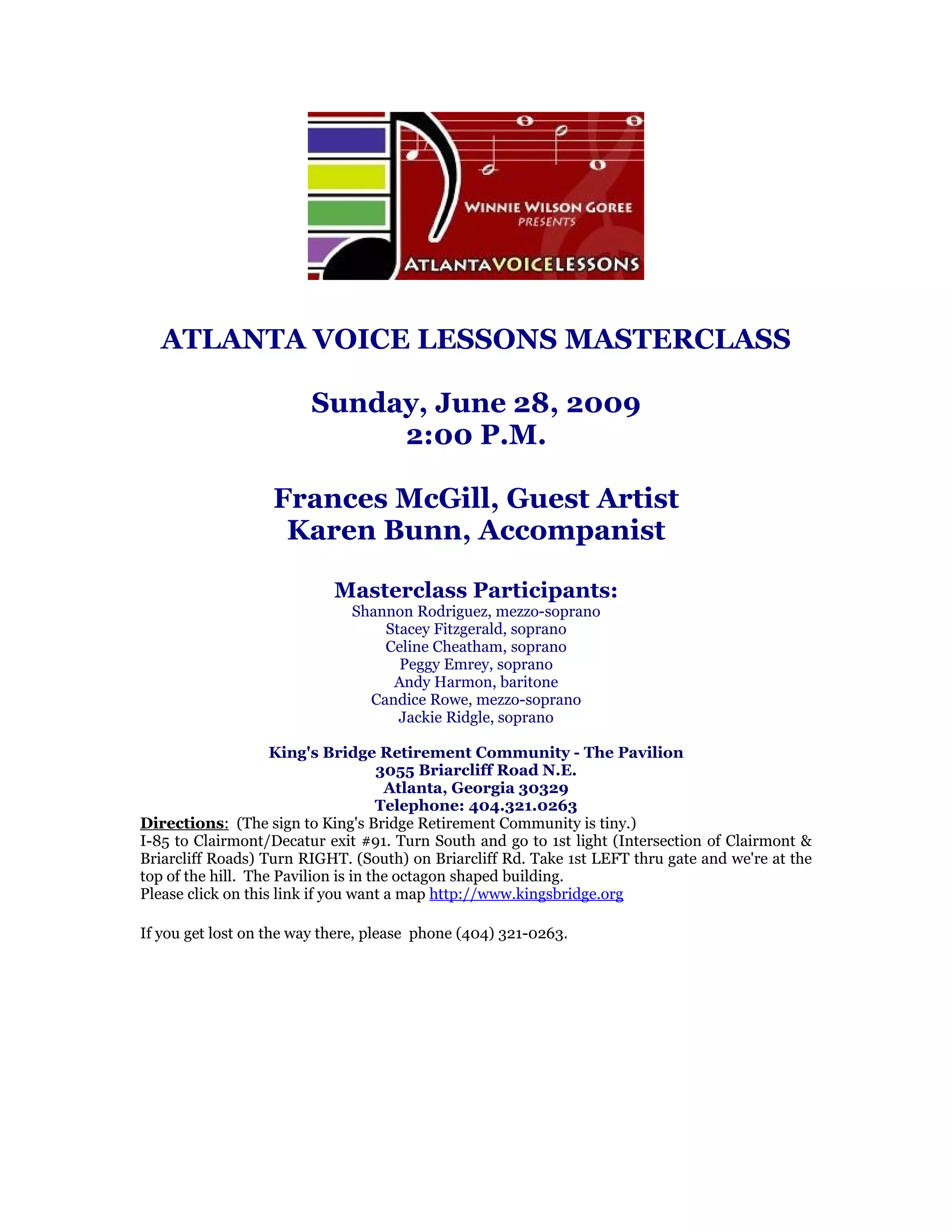 Atlanta Voice Lessons Masterclass Flyer | DOC