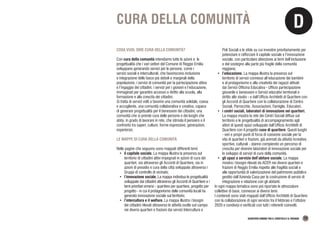 D
QUARTIERI URBANI TRA IL CROSTOLO E IL RODANO 13
COSA VUOL DIRE CURA DELLA COMUNITÀ?
Con cura della comunità intendiamo tutte le azioni e le
progettualità che i vari settori del Comune di Reggio Emilia
sviluppano generando servizi per le persone, come i
servizi sociali e interculturali, che favoriscono inclusione
e integrazione delle fasce più deboli e marginali della
popolazione, i servizi di comunità per la partecipazione attiva
e l’ingaggio dei cittadini, i servizi per i giovani e l’educazione,
immaginati per garantire accesso e diritto alla scuola, alla
formazione e alla crescita dei cittadini.
Si tratta di servizi volti a favorire una comunità solidale, coesa
e accogliente, una comunità collaborativa e creativa, capace
di generare progettualità per il benessere dei cittadini, una
comunità che si prende cura delle persone e dei luoghi che
abita, in grado di lavorare in rete, che stimola il pensiero e il
confronto tra saperi, culture, forme espressive, generazioni,
esperienze.
LE MAPPE DI CURA DELLA COMUNITÀ
Nelle pagine che seguono sono mappati differenti temi:
•	 il capitale sociale. La mappa illustra la presenza sul
territorio di cittadini attivi impegnati in azioni di cura dei
quartieri, sia attraverso gli Accordi di Quartiere, sia in
azioni di presidio e cura della città sviluppate attraverso i
Gruppi di controllo di vicinato;
•	 l’innovazione sociale. La mappa individua le progettualità
sviluppate dai cittadini attraverso gli Accordi di Quartiere e i
temi prioritari emersi - quartiere per quartiere, progetto per
progetto - in cui il protagonismo delle comunità locali ha
generato innovazione sociale sul territorio;
•	 l’intercultura e il welfare. La mappa illustra i bisogni
dei cittadini rilevati attraverso le attività svolte sul campo
nei diversi quartieri e frazioni dai servizi Intercultura e
Poli Sociali e le sfide su cui investire prioritariamente per
potenziare e rafforzare il capitale sociale e l’innovazione
sociale, con particolare attenzione ai temi dell’inclusione
e del sostegno alla parte più fragile della comunità
reggiana;
•	 l’educazione. La mappa illustra la presenza sul
territorio di servizi connessi all’educazione dei bambini
e al protagonismo e alla creatività dei ragazzi attivati
dai Servizi Officina Educativa - Ufficio partecipazione
giovanile e benessere e Servizi educativi territoriali e
diritto allo studio - e dall’Ufficio Architetti di Quartiere con
gli Accordi di Quartiere con la collaborazione di Centro
Sociali, Parrocchie, Associazioni, Famiglie, Educatori.
•	 i centri sociali, laboratori di innovazione nei quartieri.
La mappa mostra la rete dei Centri Sociali diffusi sul
territorio e le progettualità di accompagnamento agli
attori di questi spazi sviluppate dall’Ufficio Architetti di
Quartiere con il progetto case di quartiere. Questi luoghi
- veri e propri punti di forza di coesione sociale per la
vita di quartieri e frazioni, già animati da attività ricreative,
sportive, culturali - stanno compiendo un percorso di
crescita per divenire laboratori di innovazione sociale per
lo sviluppo di servizi di cura della comunità.
•	 gli spazi a servizio dell’abitare sociale. La mappa
mostra i bisogni rilevati da ACER nei diversi quartieri e
frazioni di Reggio Emilia rispetto alle fragilità sociali e
alle opportunità di valorizzazione del patrimonio pubblico
gestito dall’Azienda Casa per la costruzione di servizi di
integrazione e relazione con gli abitanti.
In ogni mappa tematica sono poi riportate le attrezzature
collettive di base, connesse ai diversi temi.
I contenuti sono stati mappati dall’Ufficio Architetti di Quartiere
con la collaborazione di ogni servizio tra il febbraio e l’ottobre
2020 e condivisi e verificati con tutti i referenti coinvolti.
CURA DELLA COMUNITÀ
 