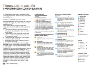 PRINCIPALI ATTREZZATURE
ACCORDI DI QUARTIERE
Serviziopolitichedipartecipazione
12/03/2020
ACCORDO DI BUON PASTORE, SAN PELLEGRINO, CROCETTA,
MIGLIOLUNGO, BELVEDERE, BARAGALLA
Matilde nel mondo
Potenziare l’offerta educativo-formativa e fornire una
gamma integrativa di attività e incontri per donne italiane e
straniere
Piero in bicicletta
Potenziare l’offerta educativa fornendo una gamma di
attività e incontri per gli allievi delle scuole: l’uso della
bicicletta come comprensione di fatti, verità e informazioni
ottenute attraverso il suo uso nel territorio
Parco stellare
Rivitalizzare tre luoghi pubblici ‘pulsanti’ della città: il Parco
I Platani, il parco delle Caprette e Legnolandia: spazi da
re-interpretare come laboratori di socialità dove sviluppare
attività educative e culturali
Parco via Monte Cisa
Valorizzazione del Parco in Via Monte Cisa detto “delle
Caprette” con indicazioni progettuali elaborate dal Comitato
di Via Monte Cisa al fine di presidiare il parco e potenziare
l’offerta di servizi e attività.
8
7
6
5
4
3
2
1 HUB Rosta/Piattaforma Via Wybicki
Condividere competenze, costruire relazioni, diffondere
coinvolgimento e partecipazione attiva, prevedendo anche
attività di formazione per la produzione di contenuti di testi,
immagini e video
Verde, nuovi spazi di socialità e partecipazione al
servizio della cittadinanza
Promuovere attività di sensibilizzazione ambientale nel
quartiere a partire dagli spazi di socialità, lavorando in
particolare sugli spazi: la “casetta di legno” nel Parco del
Noce Nero e l’Orto di Gabrina, in via Cugini
Il teatro e la comunità
Creare un gruppo di teatro comunitario, partendo dal
realizzare azioni teatrali nel quartiere che coinvolgano tutti
i cittadini interessati a partecipare e si svolgano in luoghi
significativi per il quartiere stesso
Gestione associata Sala Civica
e rivisitazione degli spazi
Gestire in comune la sala civica per realizzare alcune
delle ottimizzazioni degli spazi emerse in questi anni di
collaborazione, in attesa della creazione di una Casa della
Partecipazione
Piazzetta Scuole Pezzani
Promuovere benessere, salute e prevenzione attraverso
incontri di ginnastica dolce, che rappresentino anche
occasioni di aggregazione e socialità
Ginnastica della salute
Promuovere benessere, salute e prevenzione attraverso
incontri di ginnastica dolce, che rappresentino anche
occasioni di aggregazione e socialità
Educazione dei bambini e degli adolescenti
e momenti di socialità per gli adulti
Aggregare, grazie ad incontri settimanali, bambini e famiglie
del quartiere che possano lavorare in modo creativo ed
educativo su temi che sostengano cittadinanza attiva,
coesione sociale e partecipazione
Sport e socialità per gli utenti dei centri sociali
Allargare l’attività di formazione a nuovi accompagnatori
che possano gestire in autonomia il gruppo di cammino.
Il progetto è nato nell’Accordo di Cittadinanza 2016.
ACCORDO DI BUCO DEL SIGNORE, PAPPAGNOCCA,
ROSTA NUOVA
progetti e azioni di educazione e protagonismo dei ragazzi
progetti e azioni interculturali, di integrazione e welfare
progetti e azioni per la socialità
progetti e azioni per la gestione collaborativa di spazi
e attività di cura dei beni comuni e la partecipazione
progetti e azioni di formazione e condivisione competenze
progetti e azioni sul benessere e lo sport
progetti e azioni sulla cultura, la lettura, il teatro, il cinema
progetti e azioni ambientali e di scoperta del paesaggio
progetti e azioni di coprogettazione e cura degli spazi pubblici
progetti e azioni di riscoperta di storia e tradizioni dei luoghi
progetti e azioni sull’agricoltura sociale, gli orti, la forestazione
progetti e azioni sulla mobilità, l’energia e la rete
Temi prevalenti negli Accordi
Le icone in mappa rappresentano i luoghi e i soggetti firmatari
(cittadini, enti e associazioni) coinvolti nei singoli progetti di ogni
Accordo di Quartiere.
Parco
Orto urbano
Attrezzature religiose:
Chiesa cattolica
Altri luoghi di culto:
Chiesa protestante
Altri luoghi di culto:
Chiesa ortodossa
Impianto sportivo
Pista polivalente
Centro sociale
Sede di associazione
Scuola/asilo
Biblioteca
Ambiti di quartiere e di frazione
Aree verdi e parchi
Edifici e strade
Fiumi, canali e corsi d’acqua
CARTOGRAFIA DI BASE
Teatro/danza/hub culturale
Edificio storico
Mq di verde
pubblico/abitanti
Mq di verde
sportivo/abitanti
Mq di spazio
educativo/abitanti
24,8
4,5
5,2
DOTAZIONI
16 ATLANTE DEI QUARTIERI DI REGGIO EMILIA
La mappa individua i dodici progetti sviluppati dai cittadini
nei quartieri dell’Ambito D, attraverso la sottoscrizione di due
Accordi di Quartiere.
CURA DELLA COMUNITÀ, CURA DELLA CITTÀ
Nei quartieri dell’ambito D hanno partecipato alla costruzione
dei progetti 134 soggetti, di cui 40 tra comitati, associazioni
e gruppi organizzati.
Undici dei dodici progetti previsti in Accordo hanno
sviluppato iniziative di cura della comunità, integrando più
aspetti:
•	 il potenziamento dell’offerta educativa pomeridiana;
•	 la valorizzazione di spazi pubblici e parchi con iniziative
sociali e culturali;
•	 il potenziamento di servizi connessi alla socialità delle
persone e al miglioramento del benessere psico-fisico
con corsi e incontri sportivi;
•	 il potenziamento delle attività creative, culturali, teatrali
•	 la creazione di attività inteculturali;
•	 l’attivazione di competenze per la gestione condivisa di
sale civiche e centri sociali.
Due progetti hanno invece sviluppato la dimensione di cura
della città, uno lavorando su indicazioni progettuali a presidio
di un parco pubblico, l’altro sulla ottimizzazione degli spazi di
un centro sociale.
I progetti di cura della comunità, cioè il potenziamento dei servizi
alla persona, prevalgono su quelli di cura della città, cioè di
miglioramento del territorio e delle sue infrastrutture. Le ragioni
dipendono da alcuni fattori: l’elevata densità demografica dei
quartieri, oltre 40 mila persone; la rete di attori attivi, radicati nei
quartieri e storicamente organizzati; la grande presenza di spazi
e di attrezzature collettive, qui ci sono scuole, biblioteche, centri
sociali e spazi pubblici; le necessità emergenti per il benessere
della popolazione che invecchia e dei nuclei familiari fragili;
la domanda di potenziamento dei servizi educativi in alcuni
quartieri.
l’innovazione sociale
I PROGETTI DEGLI ACCORDI DI QUARTIERE
 