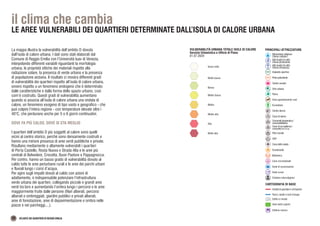 VULNERABILITÀ URBANA TOTALE ISOLE DI CALORE
Servizio Urbanistica e Ufficio di Piano
01.07.2020
Quasi nulla
Molto bassa
Bassa
Medio bassa
Media
Medio alta
Alta
Molto alta
PRINCIPALI ATTREZZATURE
Attrezzature religiose:
Chiesa cattolica
Altri luoghi di culto:
Chiesa protestante
Altri luoghi di culto:
Chiesa ortodossa
Impianto sportivo
Pista polivalente
Centro sociale
Centro diurno
Casa di riposo
Comunità terapeutica /
socioriabilitativa
Casa di accoglienza /
comunità m.s.n.a.
Polo sociale
ASP
Casa della salute
Scuola/asilo
Sede di associazione
Casa circondariale
Biblioteca
Cimitero interreligioso
Sede scout
Orto urbano
Parco
Area sgambamento cani
Ecostation
Ambiti di quartiere e di frazione
Aree verdi e parchi
Edifici e strade
Fiumi, canali e corsi d’acqua
CARTOGRAFIA DI BASE
Edificio storico
30 ATLANTE DEI QUARTIERI DI REGGIO EMILIA
il clima che cambia
LE AREE VULNERABILI DEI QUARTIERI DETERMINATE DALL’ISOLA DI CALORE URBANA
La mappa illustra la vulnerabilità dell’ambito D dovuta
dall’isola di calore urbana. I dati sono stati elaborati dal
Comune di Reggio Emilia con l’Università Iuav di Venezia,
interpolando differenti variabili riguardanti la morfologia
urbana, le proprietà ottiche dei materiali rispetto alla
radiazione solare, la presenza di verde urbano e la presenza
di popolazione anziana. Il risultato ci mostra differenti gradi
di vulnerabilità dei quartieri rispetto all’isola di calore urbana,
ovvero rispetto a un fenomeno endogeno che è determinato
dalle caratteristiche e dalla forma dello spazio urbano, così
com’è costruito. Questi gradi di vulnerabilità aumentano
quando si associa all’isola di calore urbana una ondata di
calore, un fenomeno esogeno di tipo vasto e geografico - che
può colpire l’intera regione - con temperature elevate oltre i
40°C, che perdurano anche per 5 o 6 giorni continuativi.
DOVE FA PIÙ CALDO, DOVE SI STA MEGLIO
I quartieri dell’ambito D più soggetti al calore sono quelli
vicini al centro storico, perché sono densamente costruiti e
hanno una minore presenza di aree verdi pubbliche e private.
Risultano mediamente o altamente vulnerabili i quartieri
di Porta Castello, Rosta Nuova e Strada Alta e le aree più
centrali di Belvedere, Crocetta, Buon Pastore e Pappagnocca.
Per contro, hanno un basso grado di vulnerabilità dovuto al
caldo tutte le aree periurbane rurali e le aree dei parchi urbani
e fluviali lungo i corsi d’acqua.
Per agire sugli impatti dovuti al caldo con azioni di
adattamento, è indispensabile potenziare l’infrastruttura
verde urbana dei quartieri, collegando piccole e grandi aree
verdi tra loro e aumentando l’ombra lungo i percorsi e le aree
maggiormente fruite dalle persone (filari alberati, percorsi
alberati e ombreggiati, giardini pubblici e privati alberati,
aree di forestazione, aree di depavimentazione e ombra nelle
piazze e nei parcheggi,...).
 