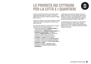 D
QUARTIERI URBANI TRA IL CROSTOLO E IL RODANO 35
LE PRIORITÀ DEI CITTADINI
PER LA CITTÀ E I QUARTIERI
Nel mese di aprile 2020, durante la fase di distanziamento
sociale dovuta alla pandemia da Covid-19, il Comune di
Reggio Emilia ha proposto ai cittadini il questionario ‘Reggio
Emilia, come va?’.
In appena due settimane, circa cinquemila cittadine e cittadini
reggiani hanno risposto al questionario da ogni quartiere e
frazione della città.
Una sezione del questionario è stata incentrata su 8 grandi
sfide per la città e per i quartieri del futuro:
•	 l’attivazione di progetti per la qualità dell’ambiente, il
clima, la salute e la mobilità sostenibile;
•	 la riqualificazione e la vivibilità dello spazio pubblico e la
riattivazione di spazi dismessi o sottoutilizzati;
•	 le misure di sostegno economico e di attivazione del
credito per le micro-imprese e il commercio.
•	 la creazione di servizi e l’attivazione di spazi per
l’educazione e la scuola e per la formazione;
•	 la creazione e il potenziamento dei servizi alla persona,
di cura della comunità e per il benessere psico-fisico;
•	 la riattivazione e l’attivazione di servizi e spazi culturali,
interculturali e creativi;
•	 l’attivazione di progetti per l’agricoltura urbana;
•	 la riattivazione e l’attivazione di spazi di confronto e
partecipazione.
La lettura degli esiti e dei dati ha restituito al Comune di
Reggio Emilia il punto di vista dei cittadini sulle priorità da
affrontare, non solo per uscire dalla pandemia, ma anche
per affrontare meglio lo sviluppo della città e migliorare la
dimensione di prossimità nei quartieri e nelle frazioni.
Le mappe nelle pagine che seguono sono state elaborate
dai Servizi Partecipazione, Comunicazione, Statistica,
Urbanistica del Comune di Reggio Emilia nell’ambito delle
attività di ricerca, avvio e costruzione collaborativa del Piano
Strategico dei Quartieri.
 