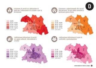 49,7%
47,1%
42,3%
46,8%
45,1%
43,9%
49,2%
45,2%
36%
C
F
G
A
B H
D E
36,0%
36,1% - 42,3%
42,4% - 45,2%
45,3% - 47,1%
47,2% - 49,7%
creazione di servizi e/o attivazione di
spazi per l’educazione e la scuola e per la
formazione
46,7%
46,5%
39%
47,1%
46%
38,8%
40,9%
42,1%
37,4%
C
F
G
A
B H
D E
creazione o potenziamento dei servizi
alla persona, di cura della comunità e
benessere psico-fisico
37,4%
37,5% - 39,0%
39,1% - 42,1%
42,2% - 46,0%
46,1% - 47,1%
37,7%
36,8%
35,5%
42,8%
42,8%
47,8%
33,1%
42,4%
46,1%
C
F
G
A
B H
D E
33,1%
33,2% - 37,7%
37,8% - 42,4%
42,5% - 42,8%
42,9% - 47,8%
riattivazione/attivazione di servizi
e/o spazi culturali, interculturali e
creativi
C
F
G
A
B H
D E
23,1%
25%
21,7%
25,7%
25,8%
28,7%
23,8%
26,5%
25,3%
21,7%
21,8% - 23,8%
23,9% - 25,3%
25,4% - 26,5%
26,6% - 28,7%
riattivazione/attivazione di spazi di
confronto e partecipazione
quartieri ambito D quartieri ambito D
quartieri ambito D
quartieri ambito D
D
QUARTIERI URBANI TRA IL CROSTOLO E IL RODANO 39
 
