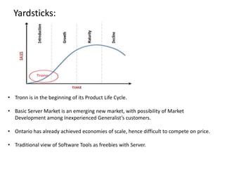 Yardsticks:

• Tronn is in the beginning of its Product Life Cycle.

• Basic Server Market is an emerging new market, with possibility of Market
Development among Inexperienced Generalist’s customers.
• Ontario has already achieved economies of scale, hence difficult to compete on price.
• Traditional view of Software Tools as freebies with Server.

 