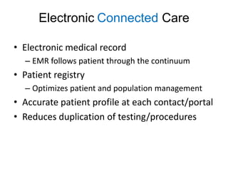 Electronic Connected Care

• Electronic medical record
  – EMR follows patient through the continuum
• Patient registry
  – Optimizes patient and population management
• Accurate patient profile at each contact/portal
• Reduces duplication of testing/procedures
 