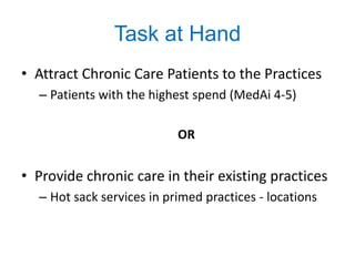 Task at Hand
• Attract Chronic Care Patients to the Practices
  – Patients with the highest spend (MedAi 4-5)

                           OR


• Provide chronic care in their existing practices
  – Hot sack services in primed practices - locations
 